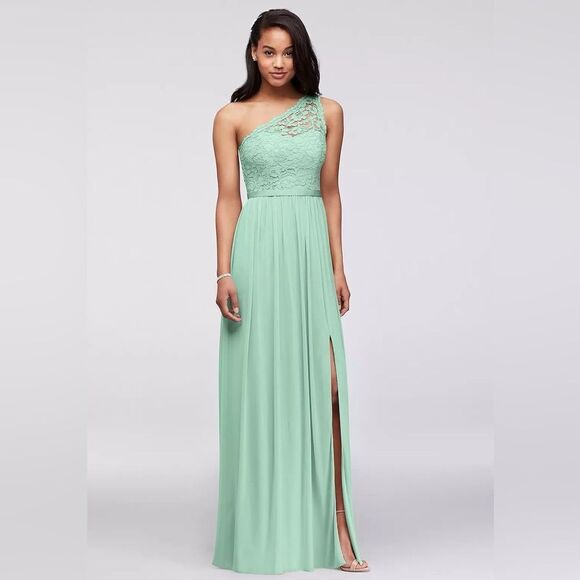 David's Bridal F17063 Mint Green One Shoulder Lace & Chiffon Maxi Dress NEW Sz 6 - Picture 1 of 13